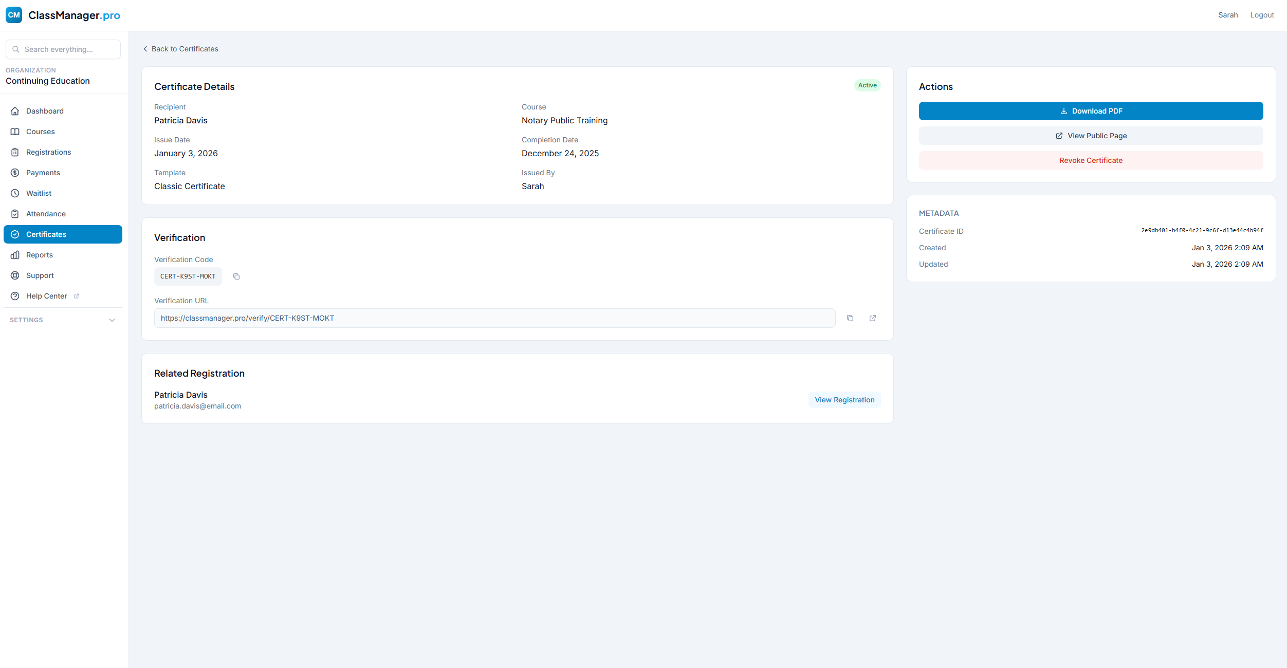 Certificate Details Page