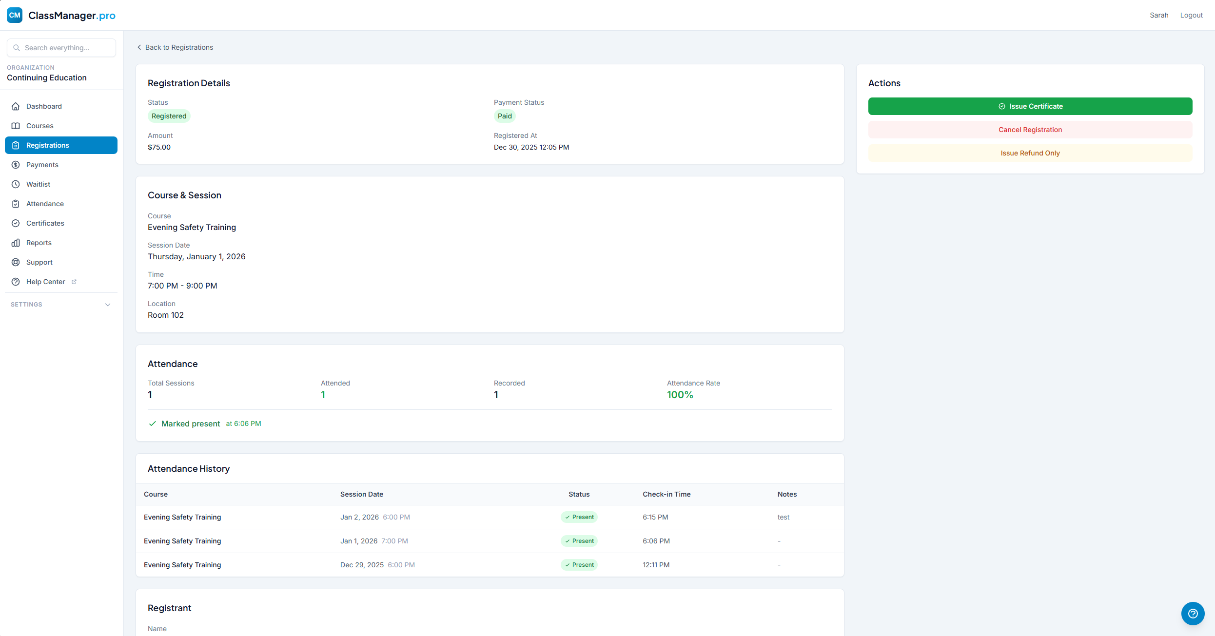 Registration Details Page