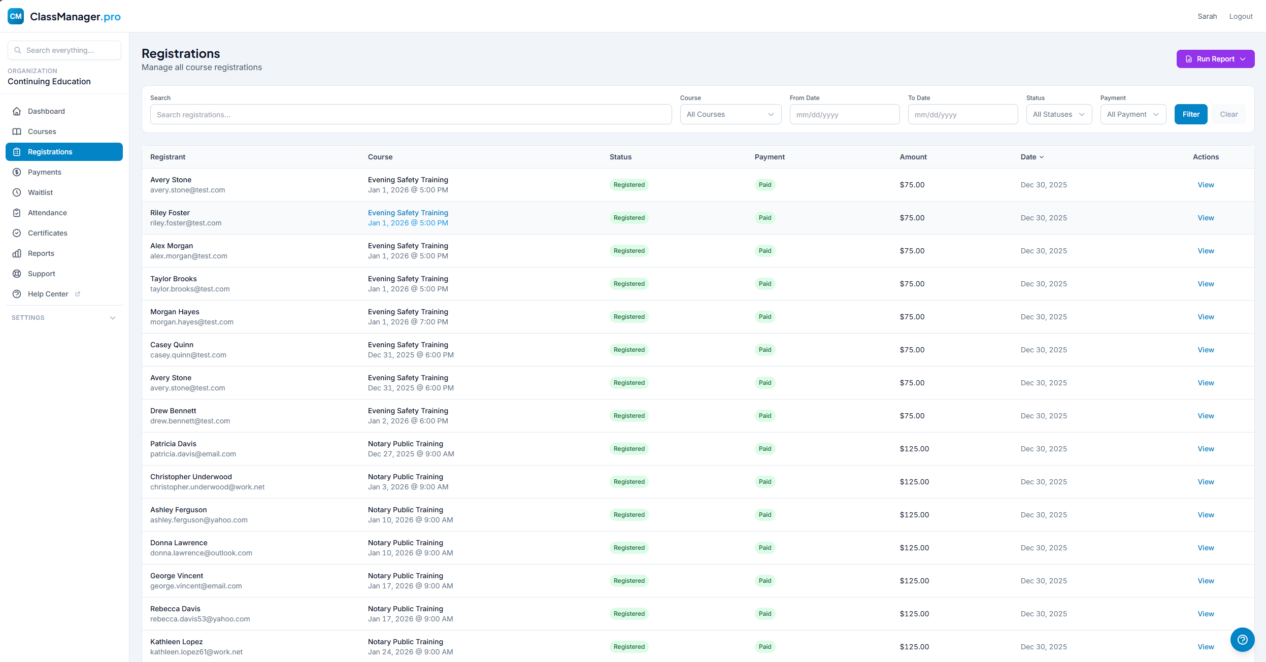 Registrations List Page