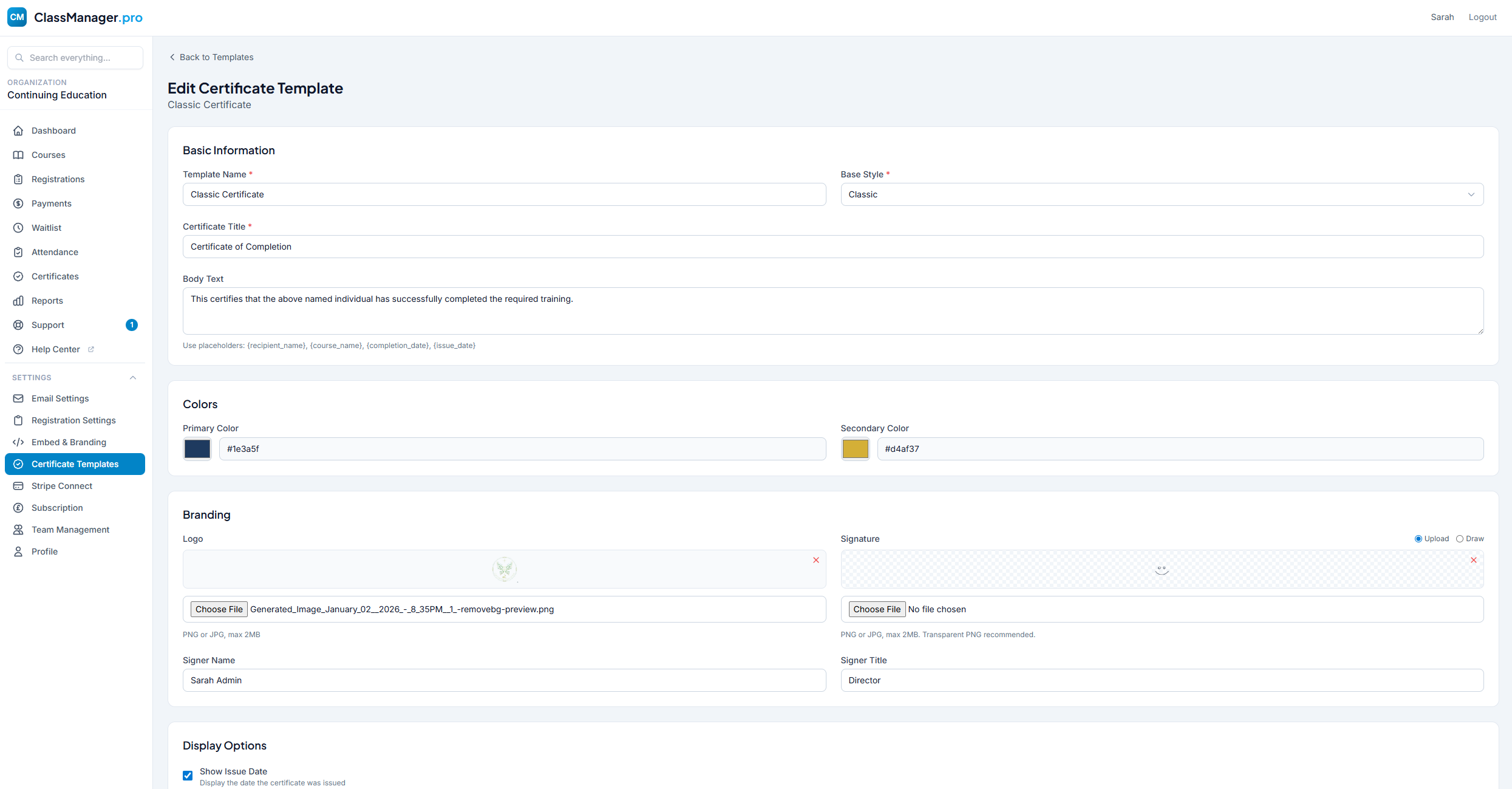 Edit Certificate Template