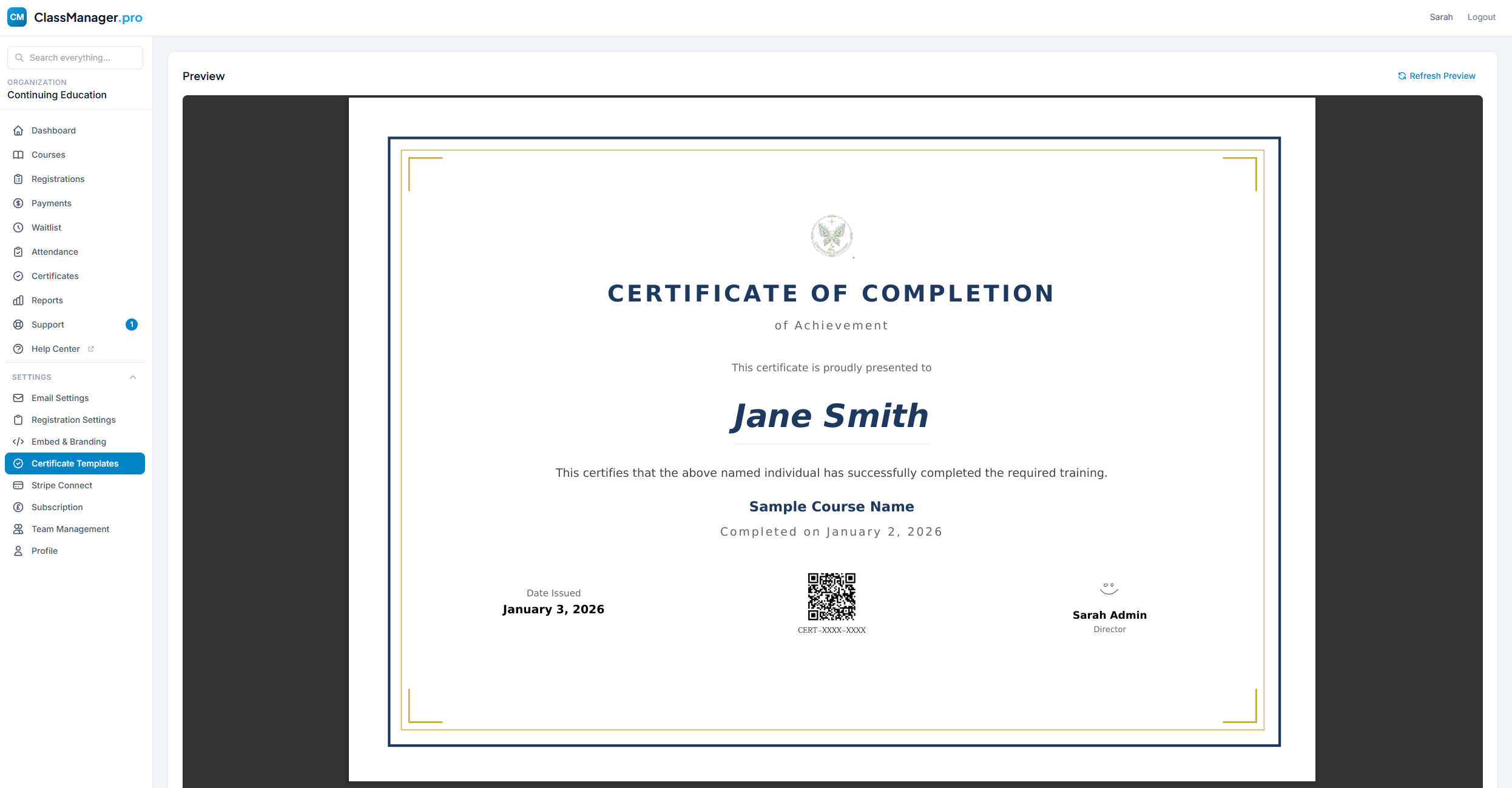 Edit Certificate Template