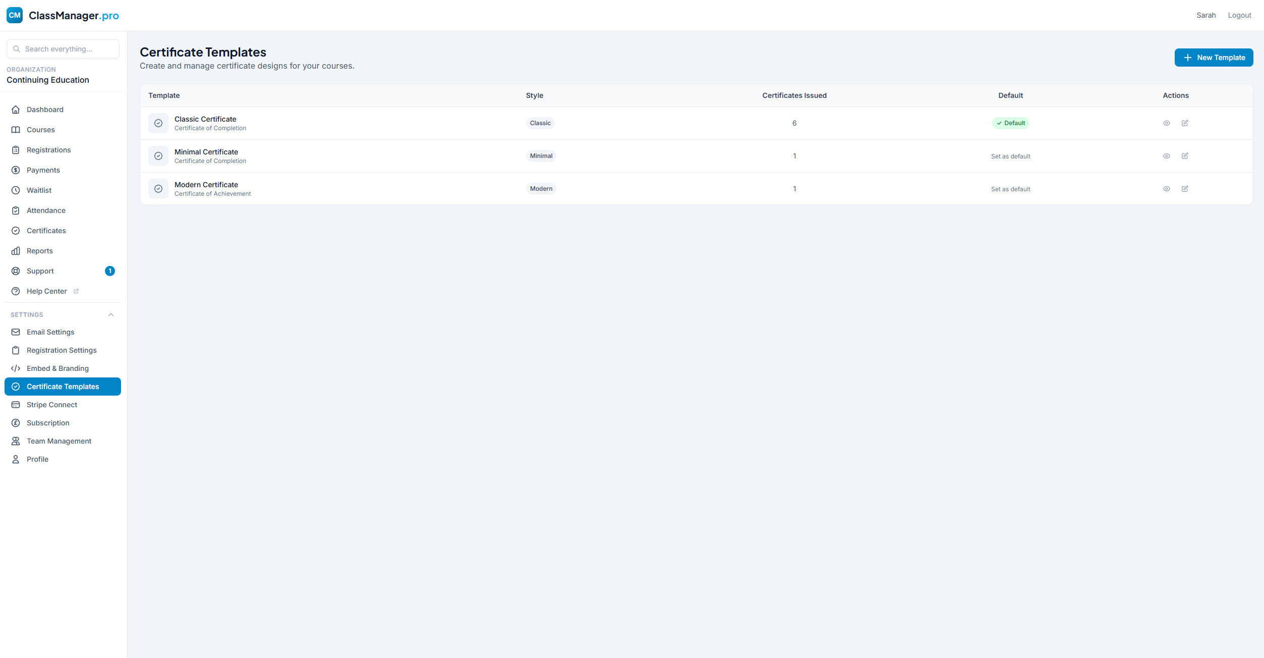 Certificate Templates List