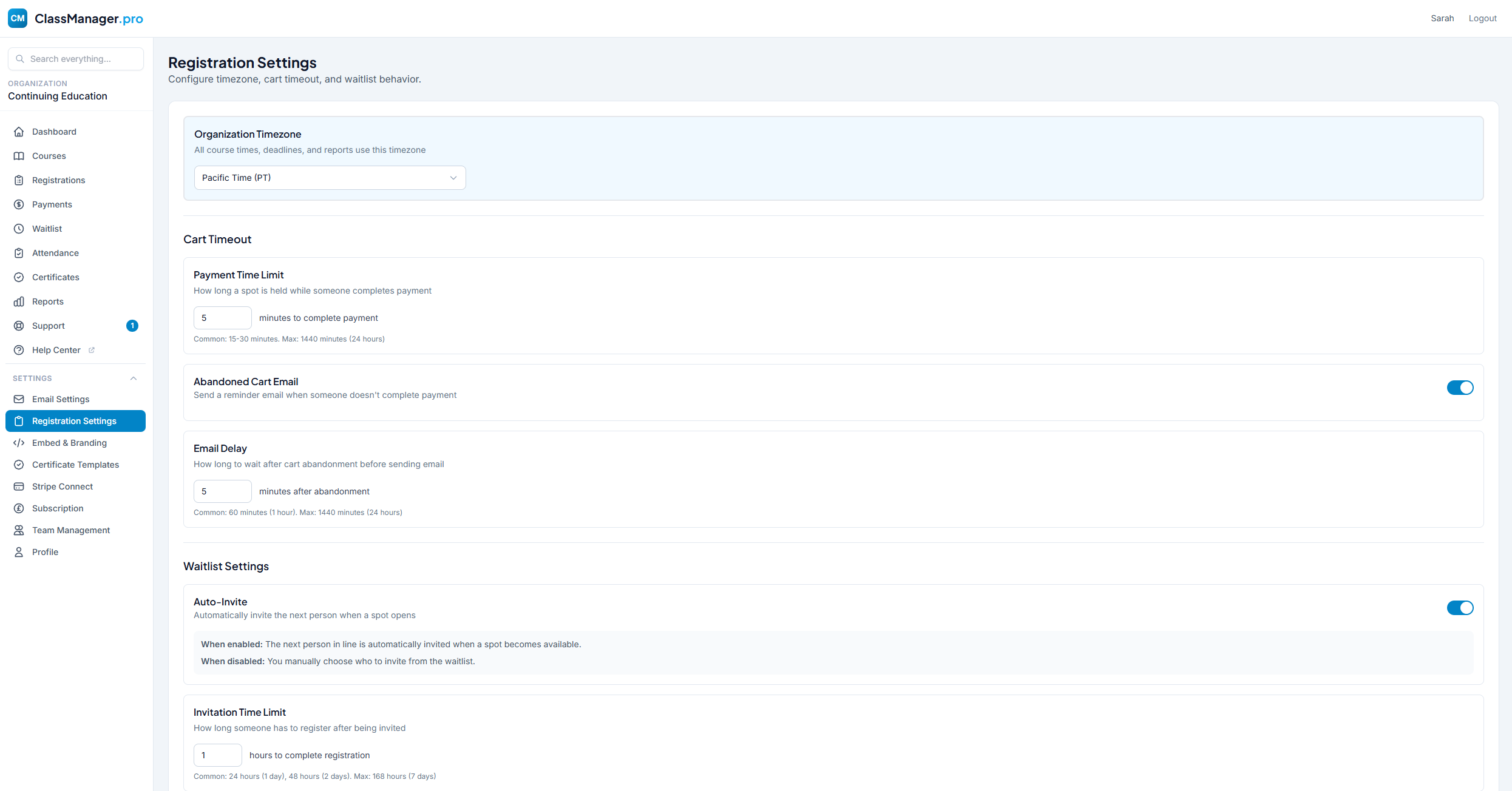 Registration Settings Page