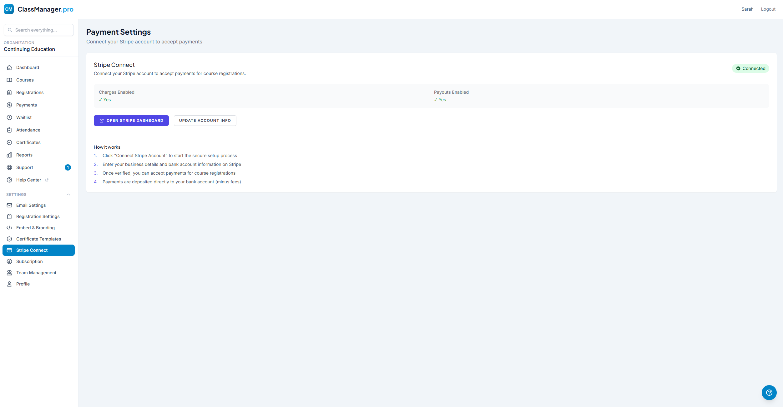 Stripe Connect Settings