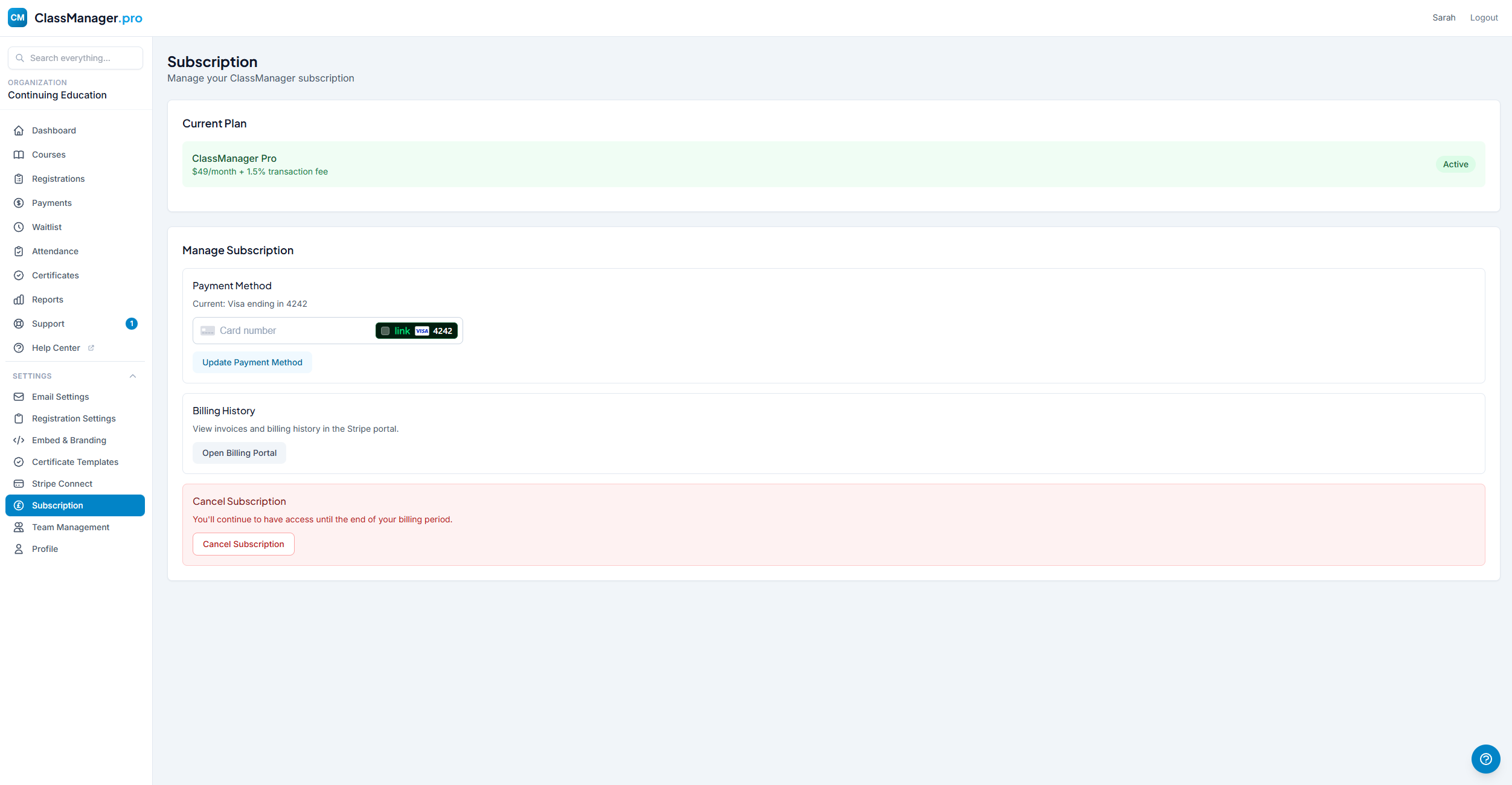 Subscription & Billing Page