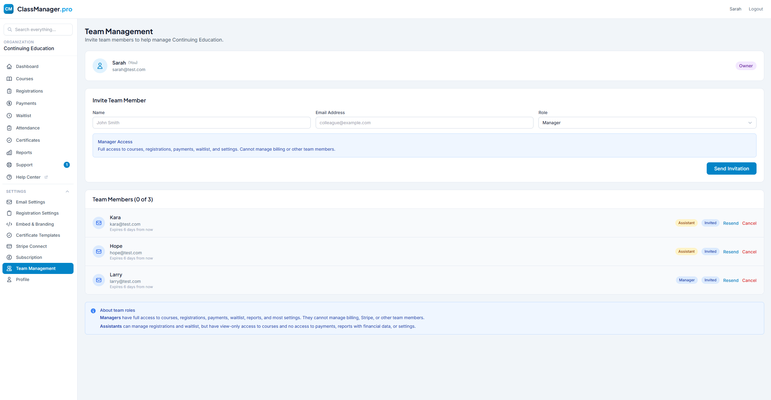 Team Management Page